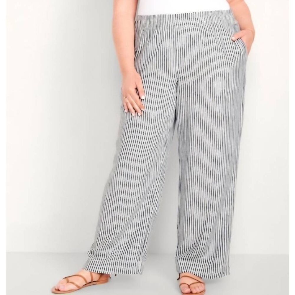 NWT Old Navy Pants Women's 3X Blue Stripe Plus Wide Leg Linen Pull On Beach